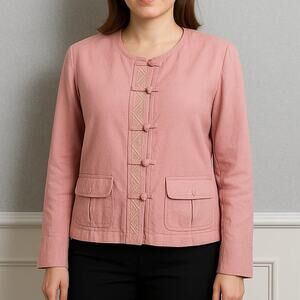 J.Jill Pink Floral Jacket L Linen Silk Blend Lightweight Long Sleeve Women's